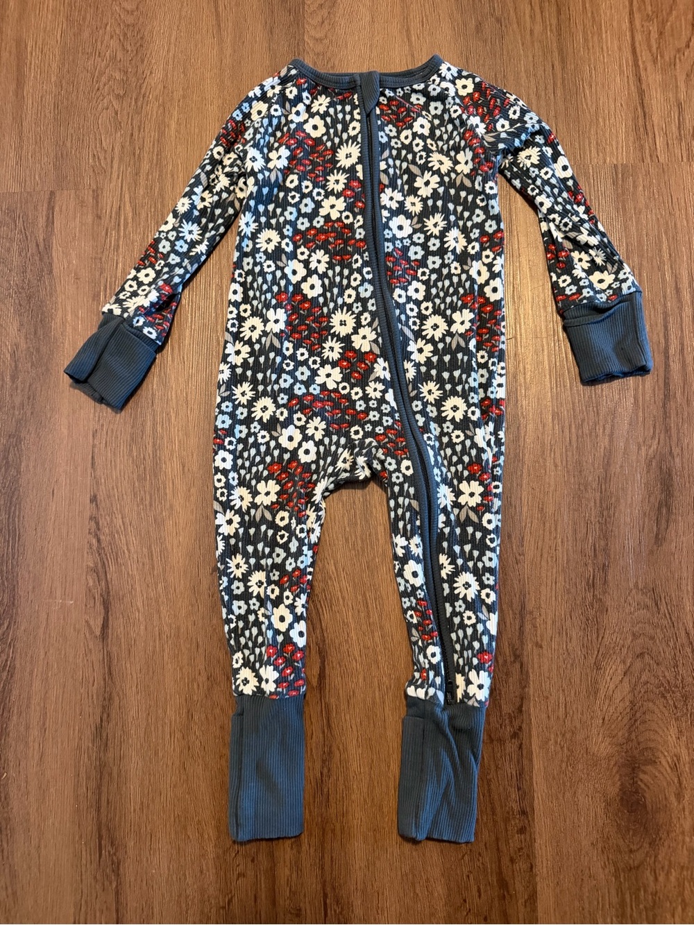 Kids Floral Zip One-Piece Pajamas in Blue
